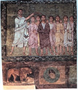 שמואל מושח את דוד למלוכה. ציור קיר מבית הכנסת בדורה אירופוס